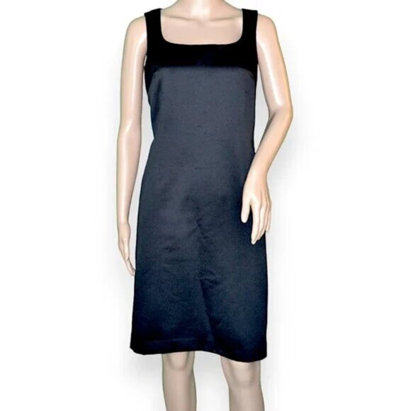 Classic Talbots Black Minimalist Square Neck Midi Scuba Sheath Dress 8 P Petite - Picture 2 of 5